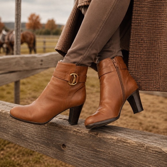 Lauren Ralph Lauren Shoes - Lauren Ralph Lauren Tan Leather Ankle‎ Boots Womens Size 9 Stirrup Buckle Heel